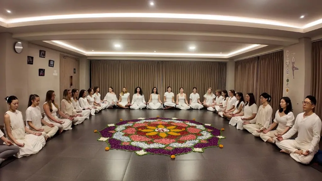 Group meditation circle in the indoor shala at Bali 300 hour YTT campus