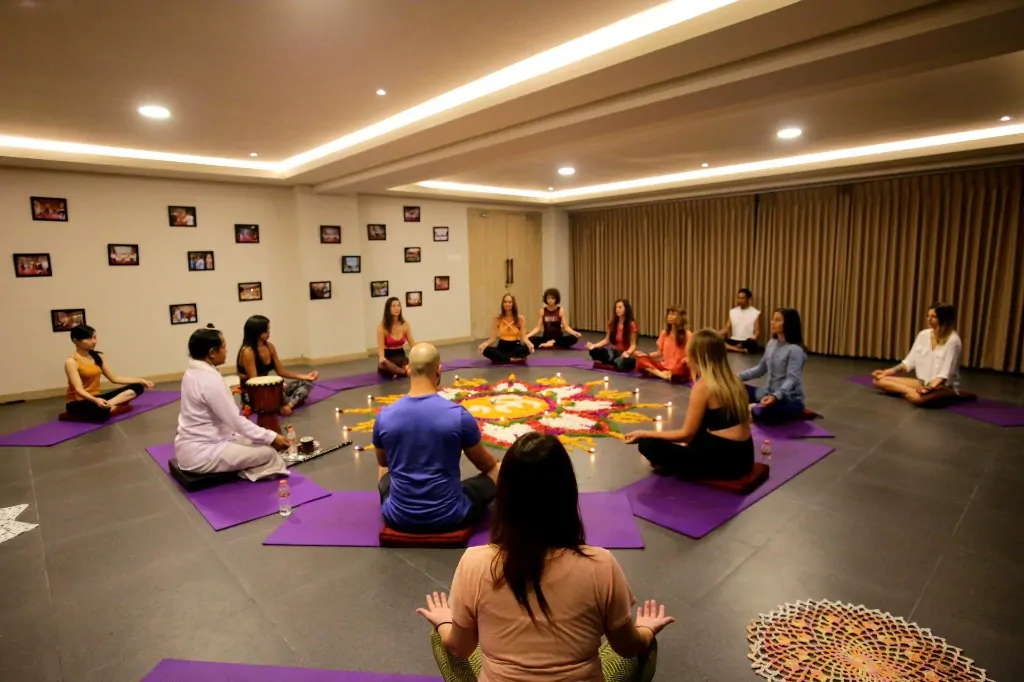 Opening ceremony with flower mandala in Bali 300 hour yoga campus studio