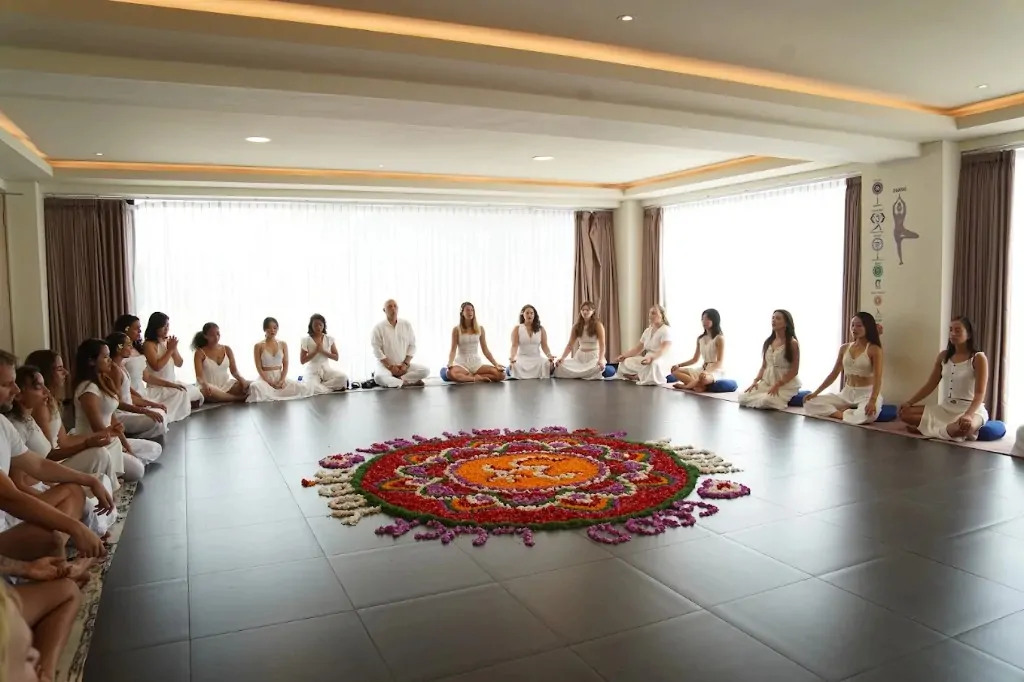 Meditation circle and flower mandala ceremony at Bali 300 hour YTT