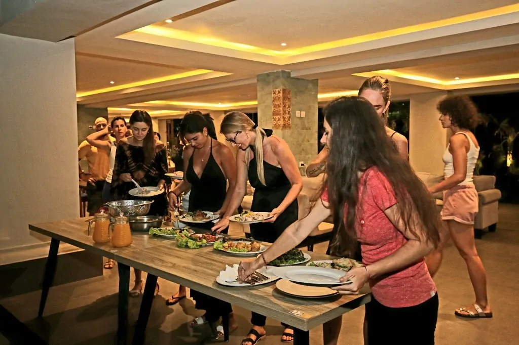 Students at communal buffet dining during Bali 300 hour YTT