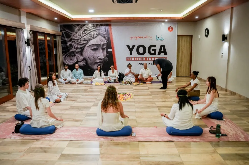 Group circle ceremony at Divinepath Bali yoga school