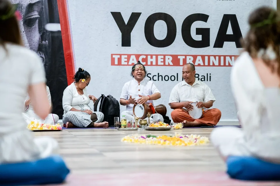 Balinese musicians and offerings at Divinepath Bali ceremony