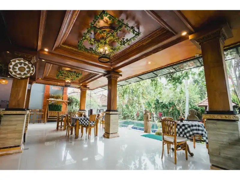 Poolside dining hall at DivinePath Ubud yoga school