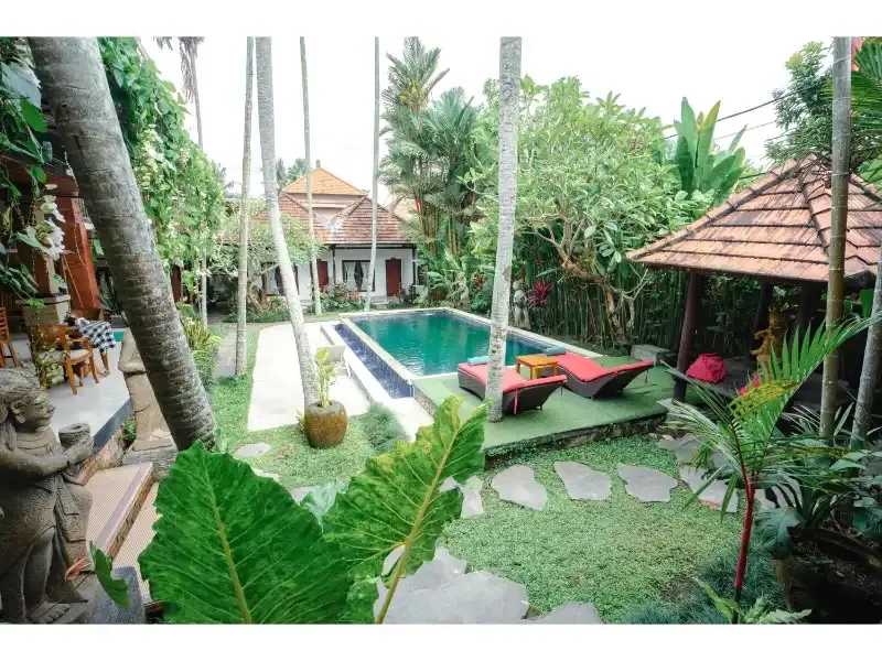 Garden and pool at DivinePath Ubud yoga teacher training campus
