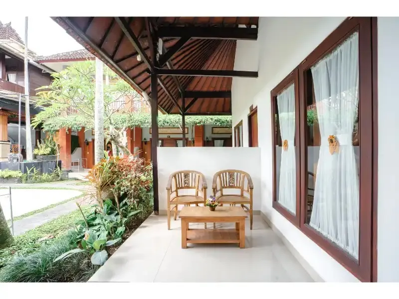 Room terrace at DivinePath Ubud yoga teacher training campus on Jl. Bisma