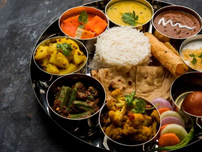 Indian vegetarian thali with rice, dal and curries served at DivinePath Ubud