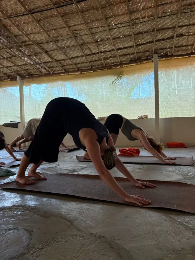 Advanced asana practice inside the Goa yoga shala for 300 hour YTT students