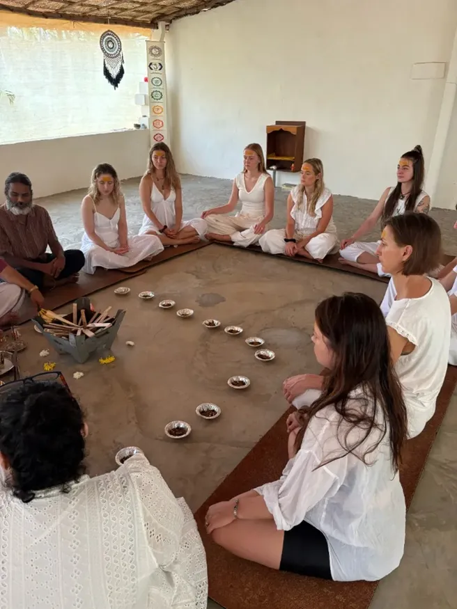 Hawan ceremony in the yoga shala during 300 hour yoga teacher training Goa