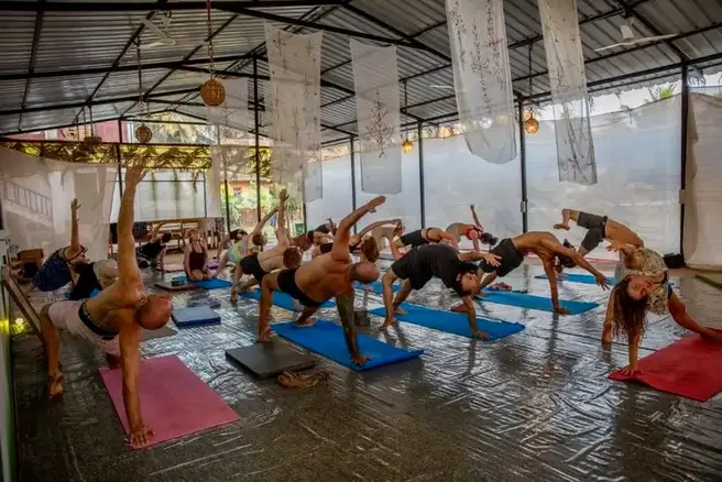 Student practice environment at 300 hour yoga Goa