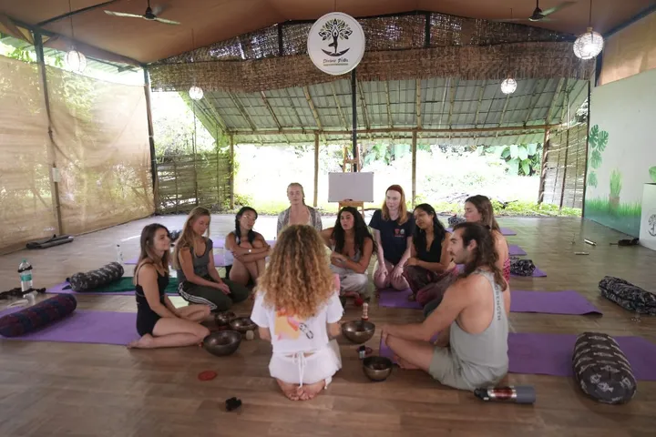 Overhead view of sound healing teacher training circle at DivinePath Goa