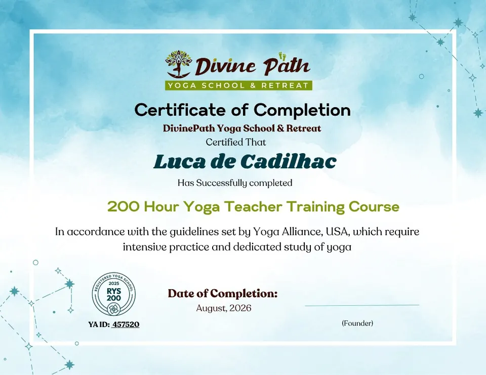 Divinepath certificate awarded after the 200 hour yoga teacher training