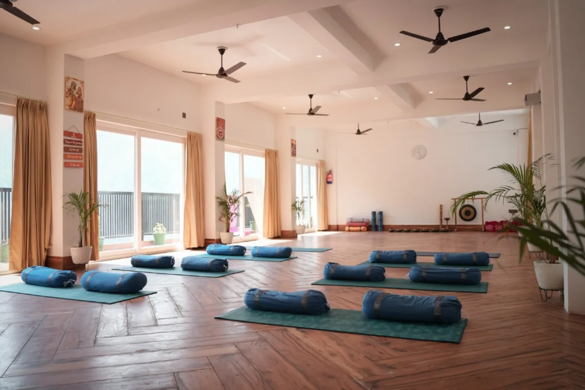 Yoga shala practice hall at Divinepath Rishikesh campus