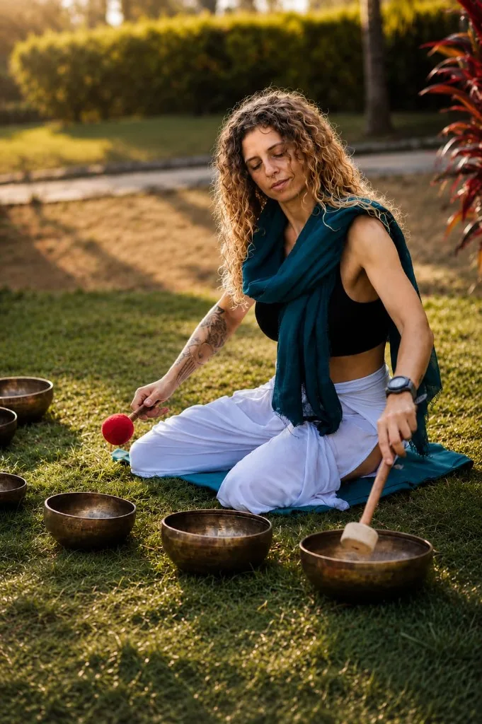 Sylwia Luna leading a sound healing session with Tibetan singing bowls at Divinepath Goa
