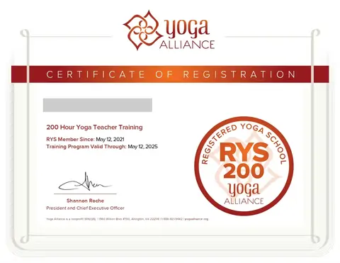 Yoga Alliance RYT 200 certificate from Divinepath Tapovan