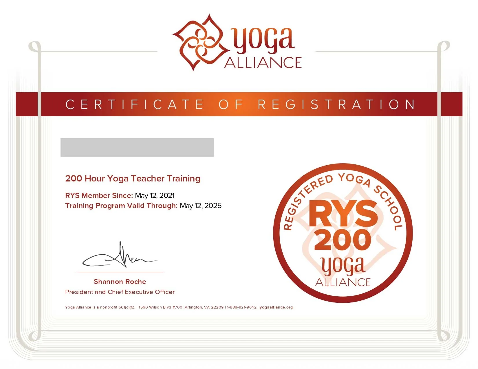 Yoga Alliance Certificate