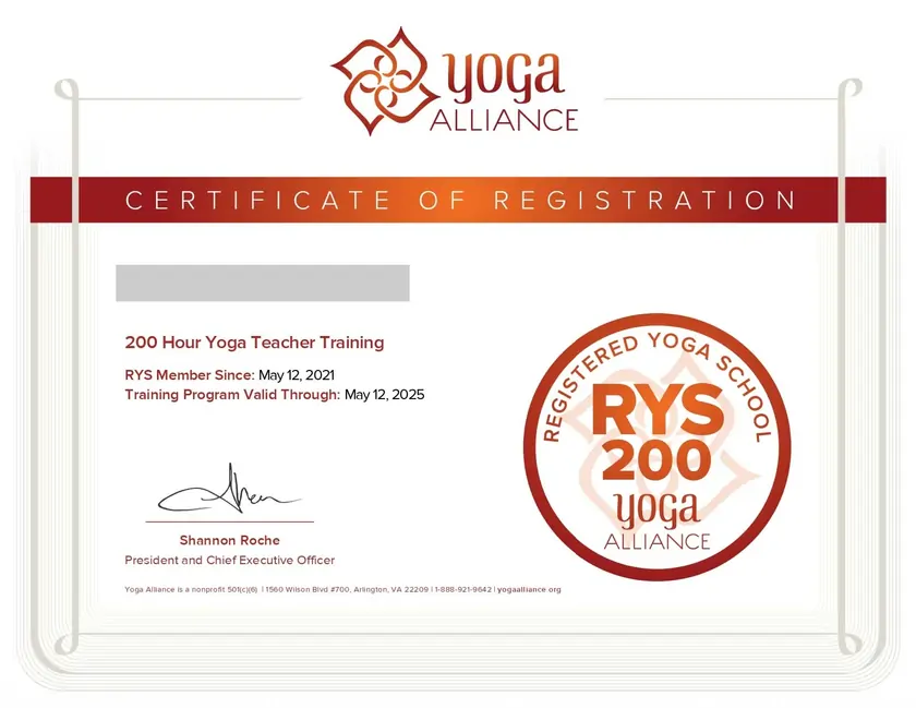 Yoga Alliance certificate of registration for Divinepath Yoga School in Rishikesh