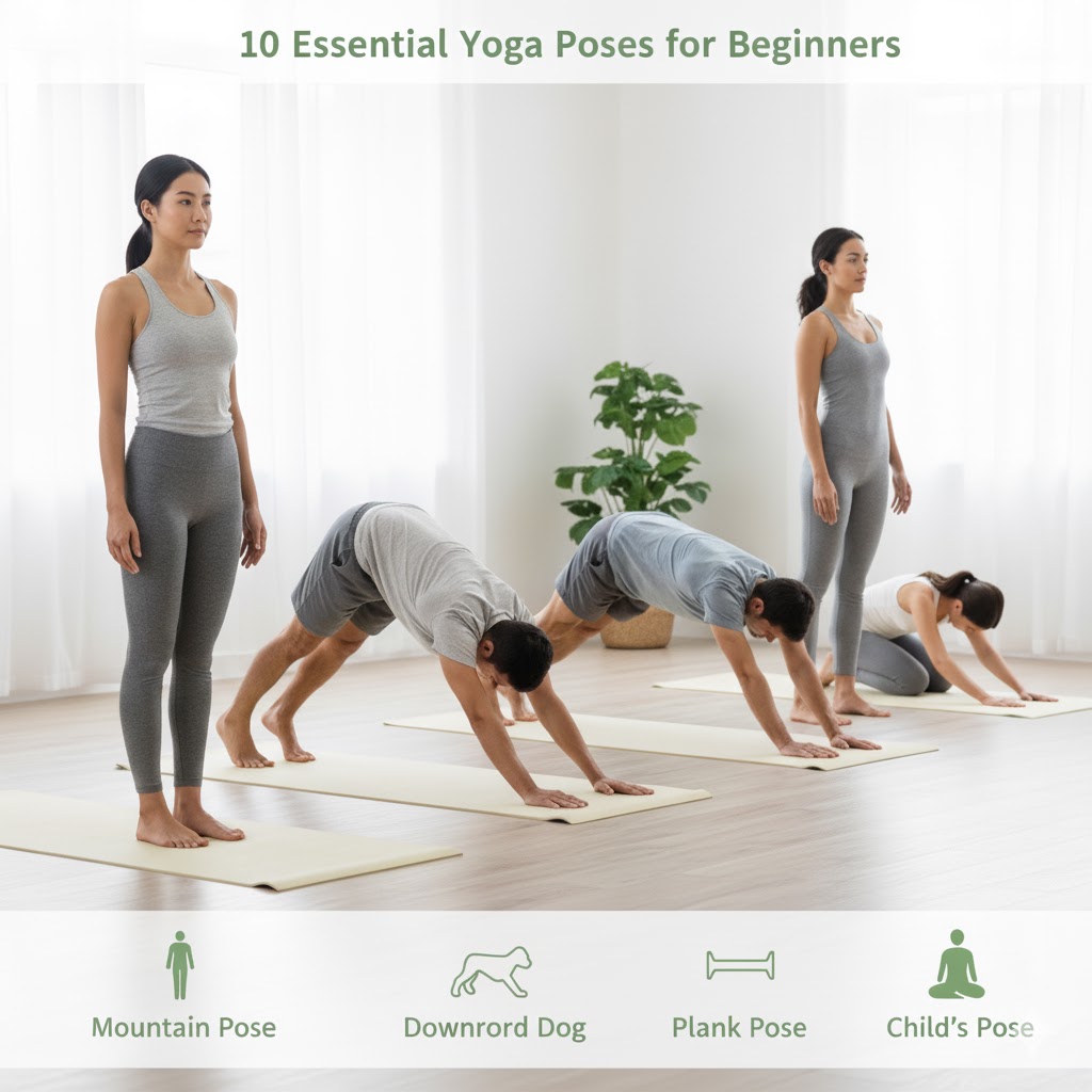 A beginner practicing basic yoga poses in a serene environment.