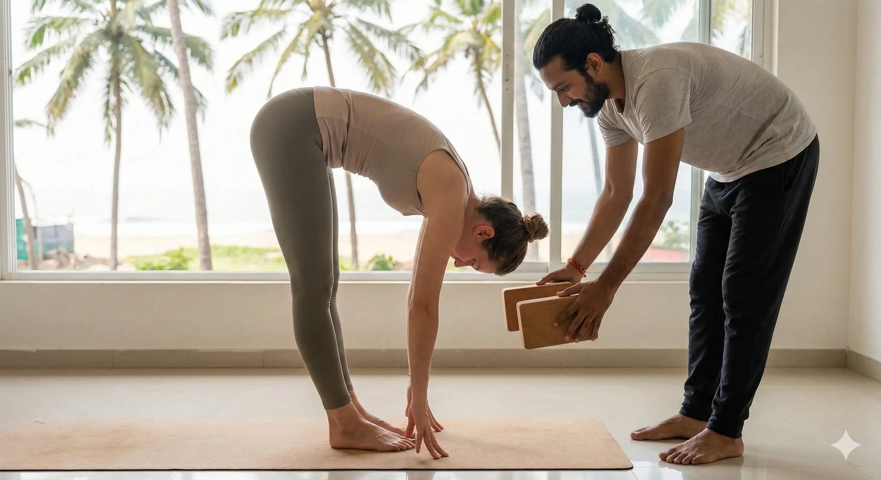 A beginner yoga student using blocks to correct alignment in a forward fold.