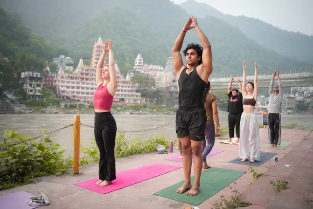 200-hour yoga teacher training class on the Ganga ghat in Rishikesh
