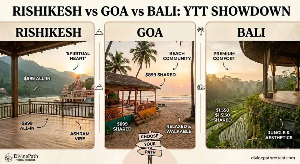 Rishikesh Goa and Bali yoga teacher training locations compared for international students
