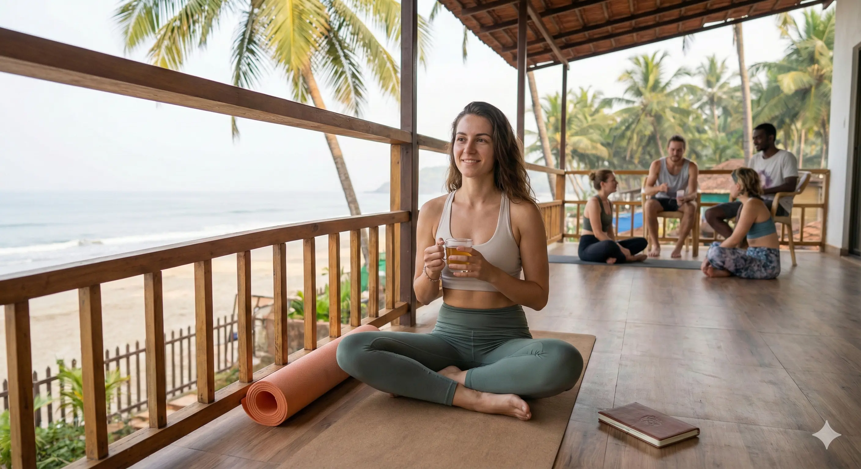 A beginner woman smiling and relaxing on a yoga mat on a balcony overlooking a beach in Goa