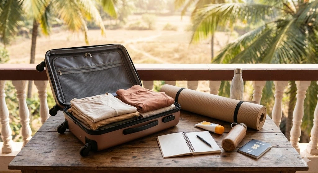 A flat lay packing list for a 200-hour Yoga Teacher Training in Goa, including clothes, a notebook, and sunscreen.