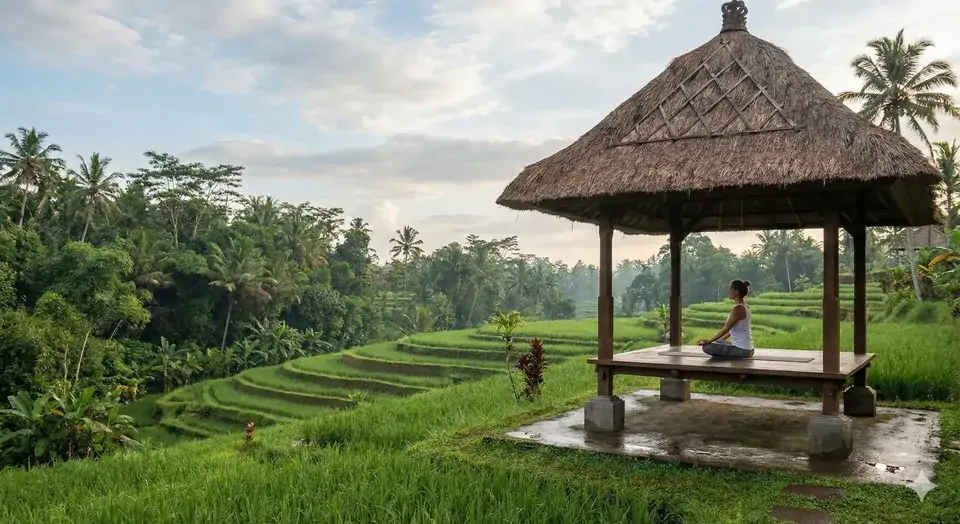 Meditation pavilion overlooking Bali rice terraces in the dry season